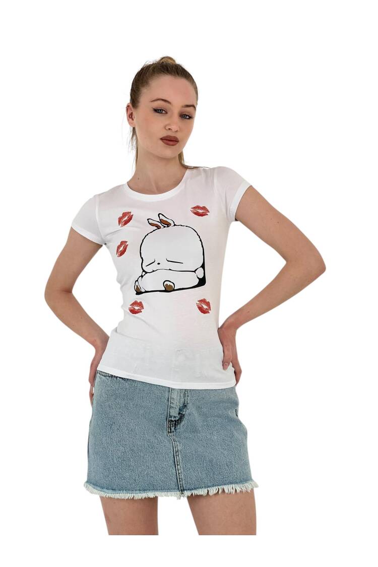 Rabbit Printed Short Sleeve Skinny Black T-Shirt