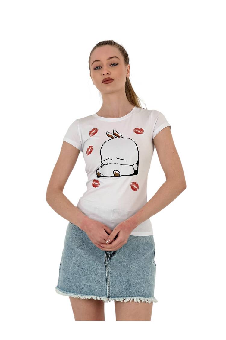 Rabbit Printed Short Sleeve Skinny Black T-Shirt