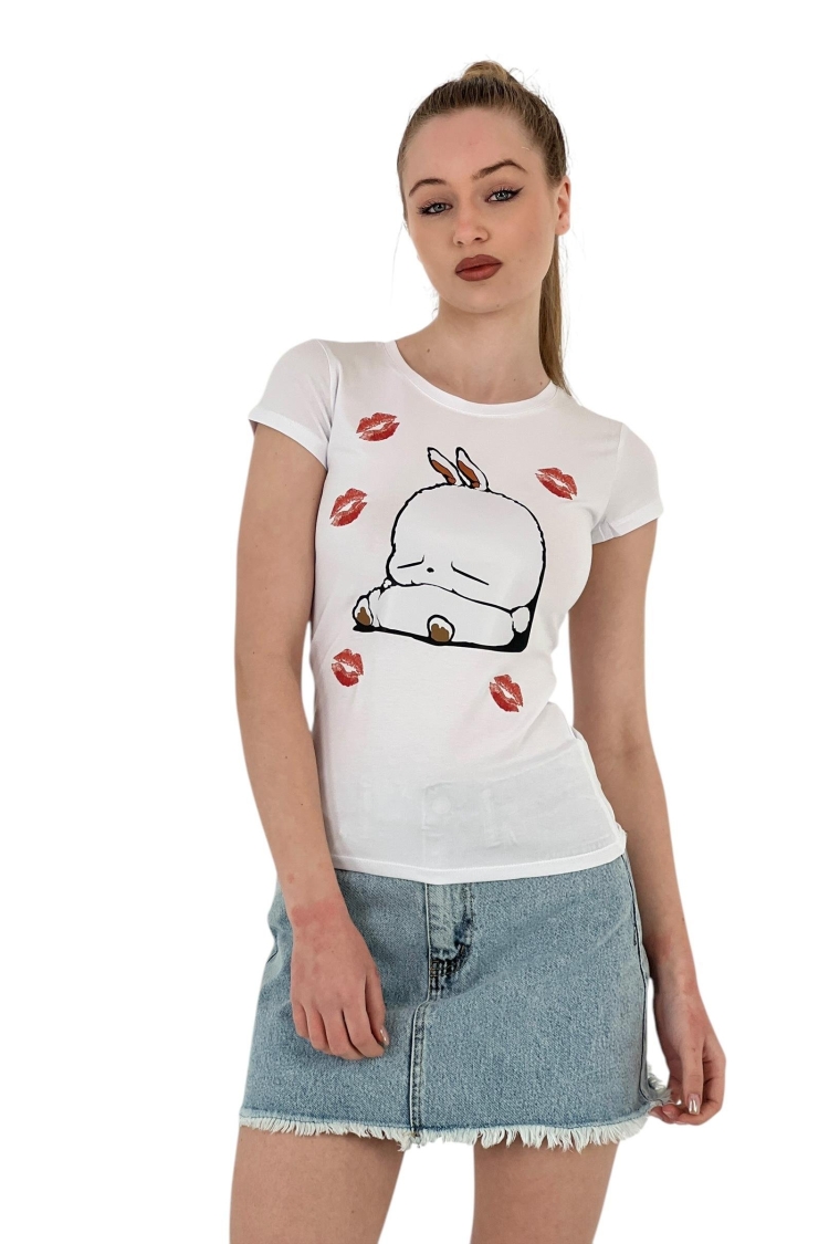 Rabbit Printed Short Sleeve Skinny Black T-Shirt