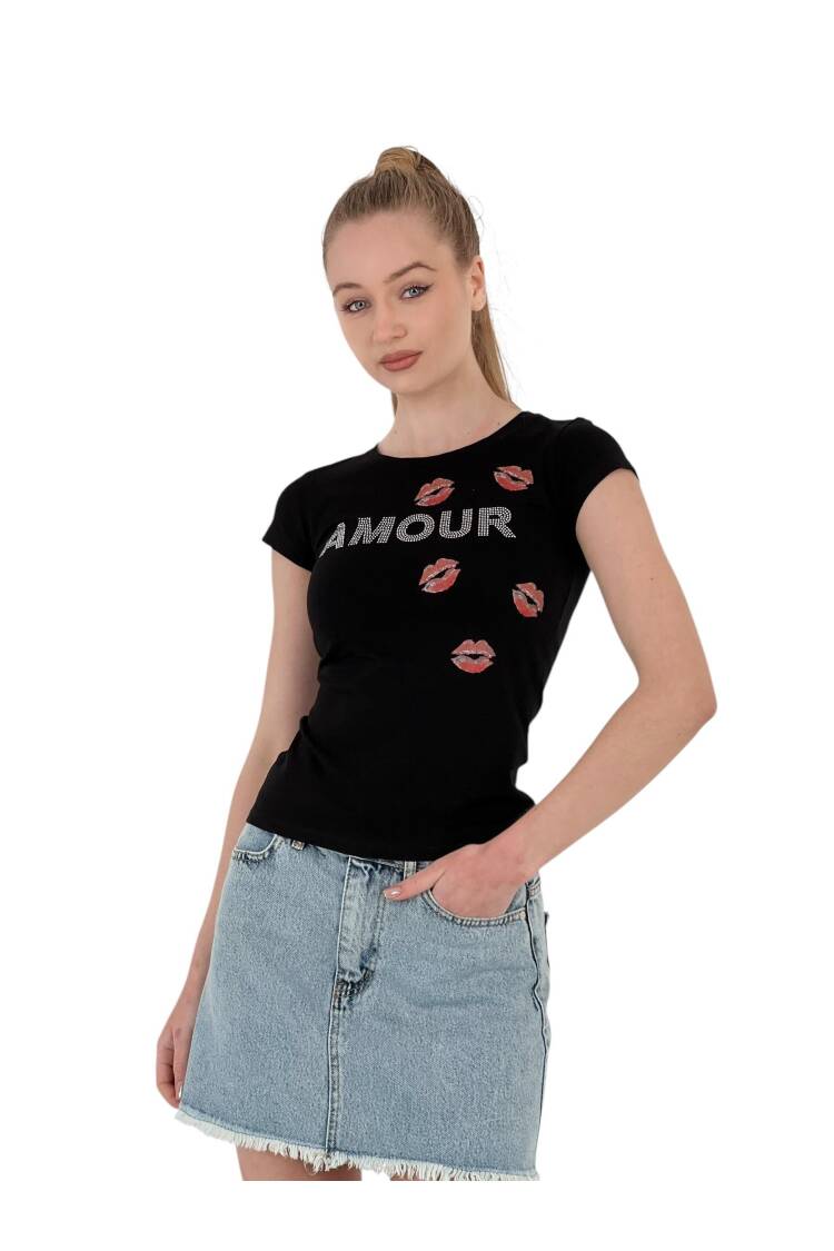 Short Sleeve Skinny White T-Shirt With Kissing Stones