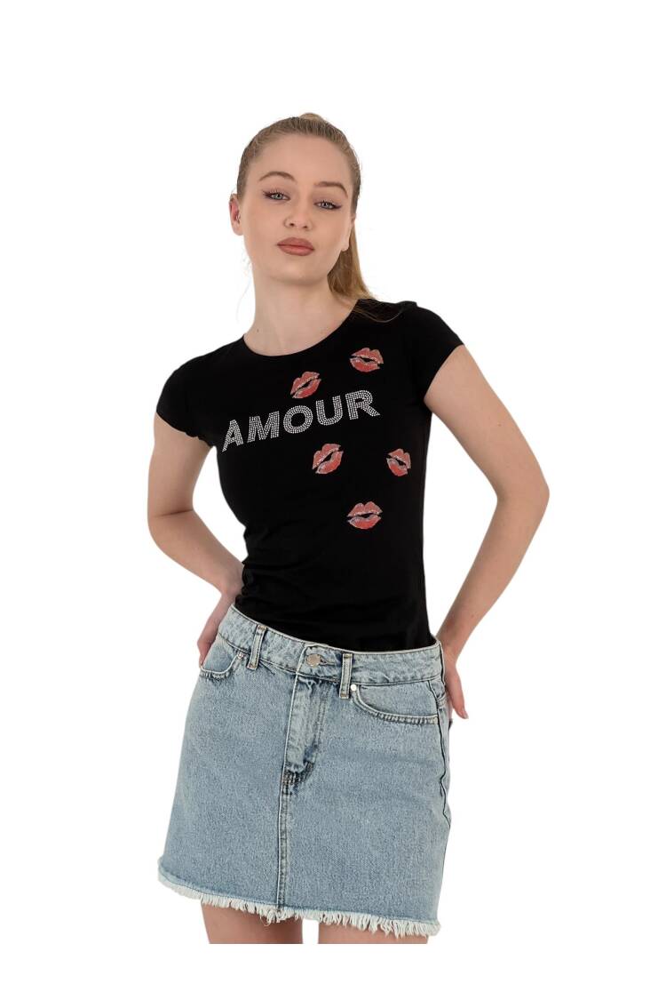 Short Sleeve Skinny White T-Shirt With Kissing Stones - MISS POEM - Globality Store - Women Clothes Wholesale Turkey