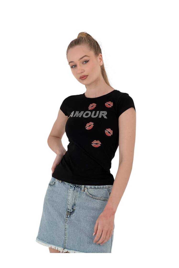 Short Sleeve Skinny White T-Shirt With Kissing Stones