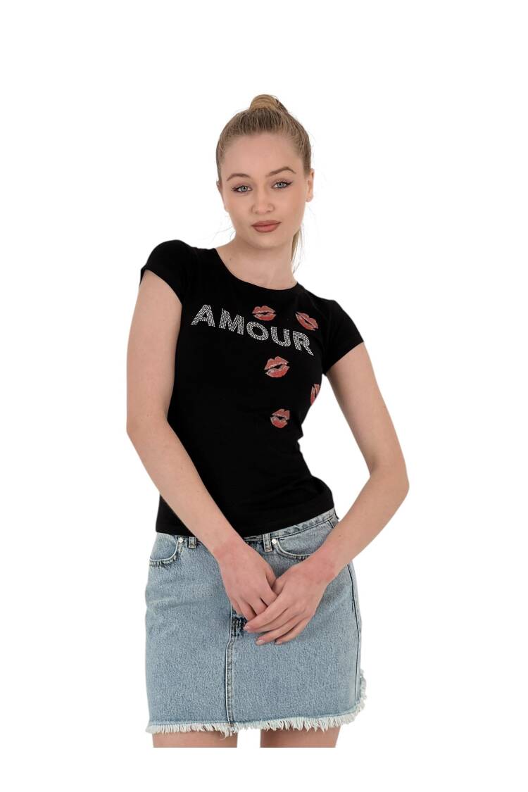 Short Sleeve Skinny White T-Shirt With Kissing Stones