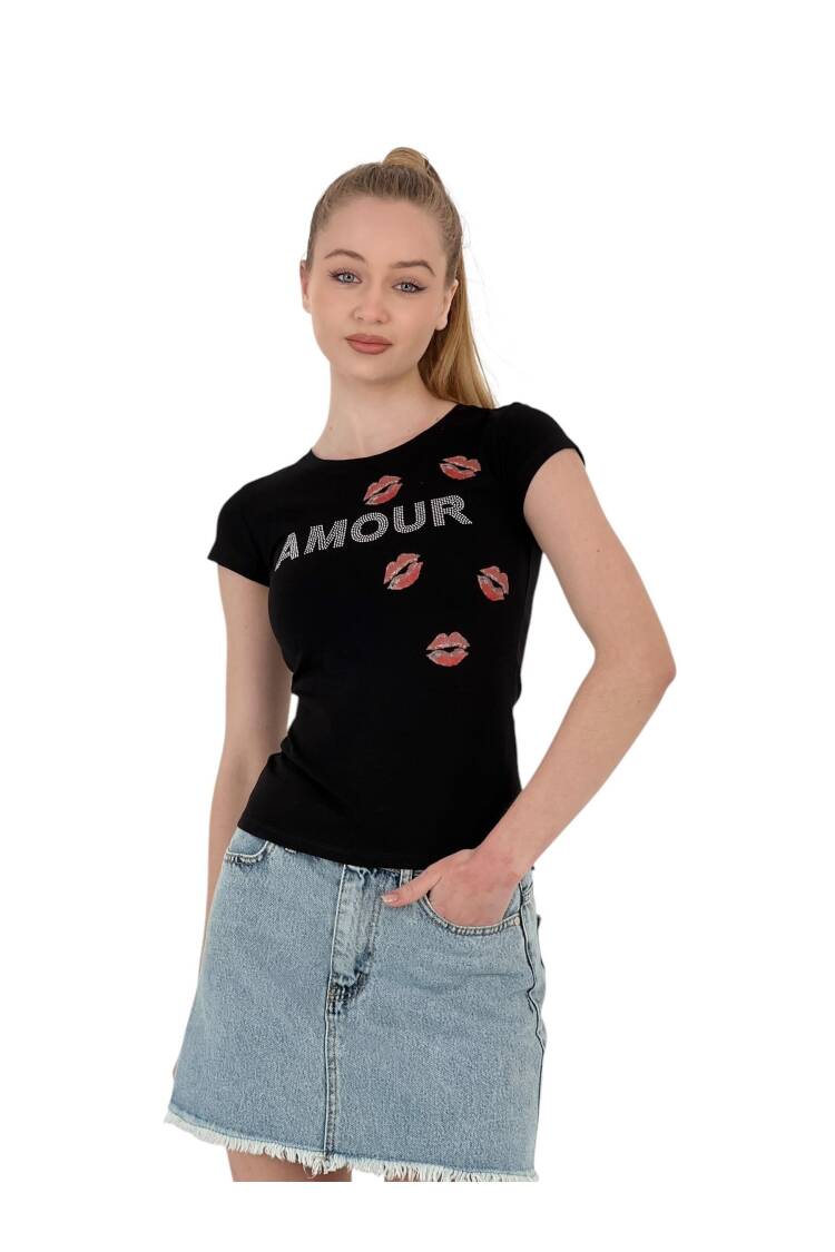 Short Sleeve Skinny White T-Shirt With Kissing Stones