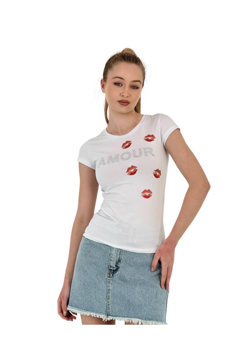 Short Sleeve SkinnyT-Shirt With Kissing Stones