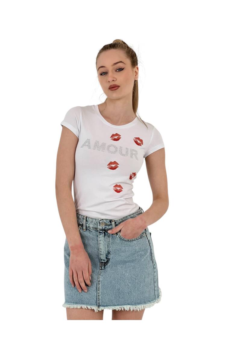 Short Sleeve SkinnyT-Shirt With Kissing Stones