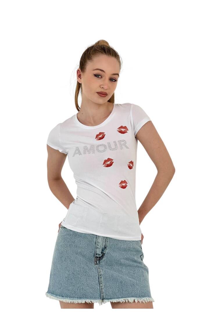 Short Sleeve SkinnyT-Shirt With Kissing Stones