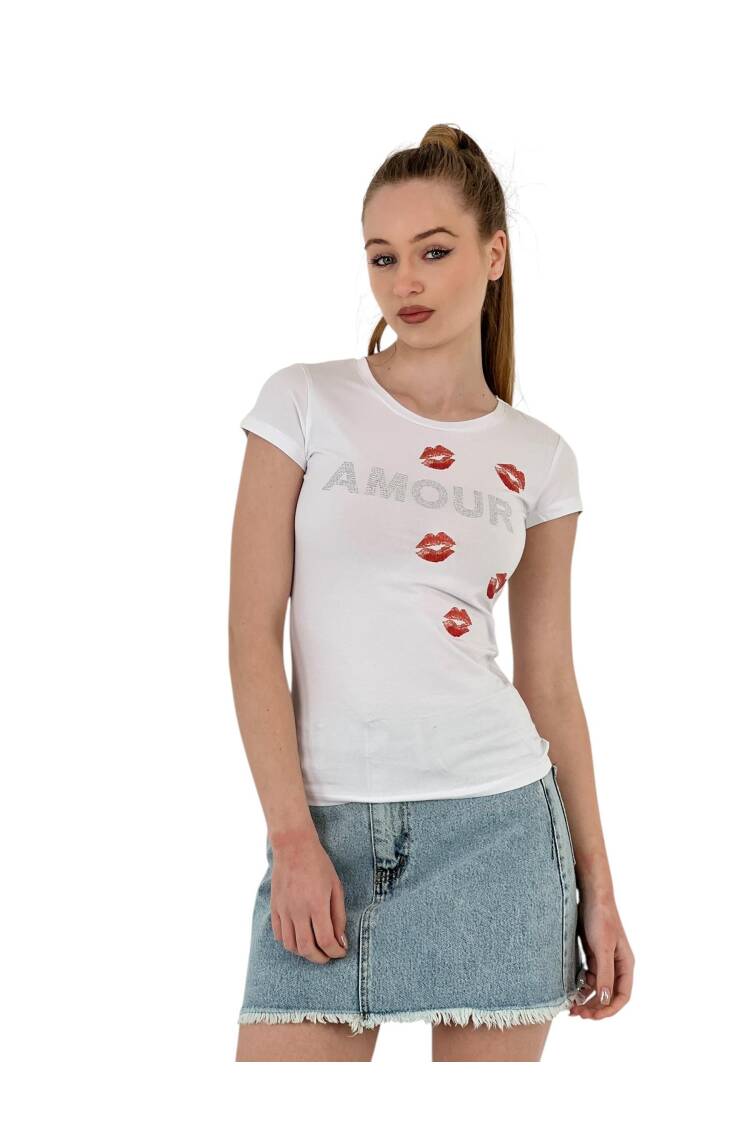 Short Sleeve SkinnyT-Shirt With Kissing Stones