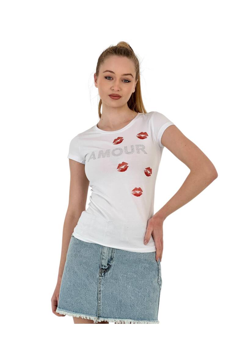Short Sleeve SkinnyT-Shirt With Kissing Stones