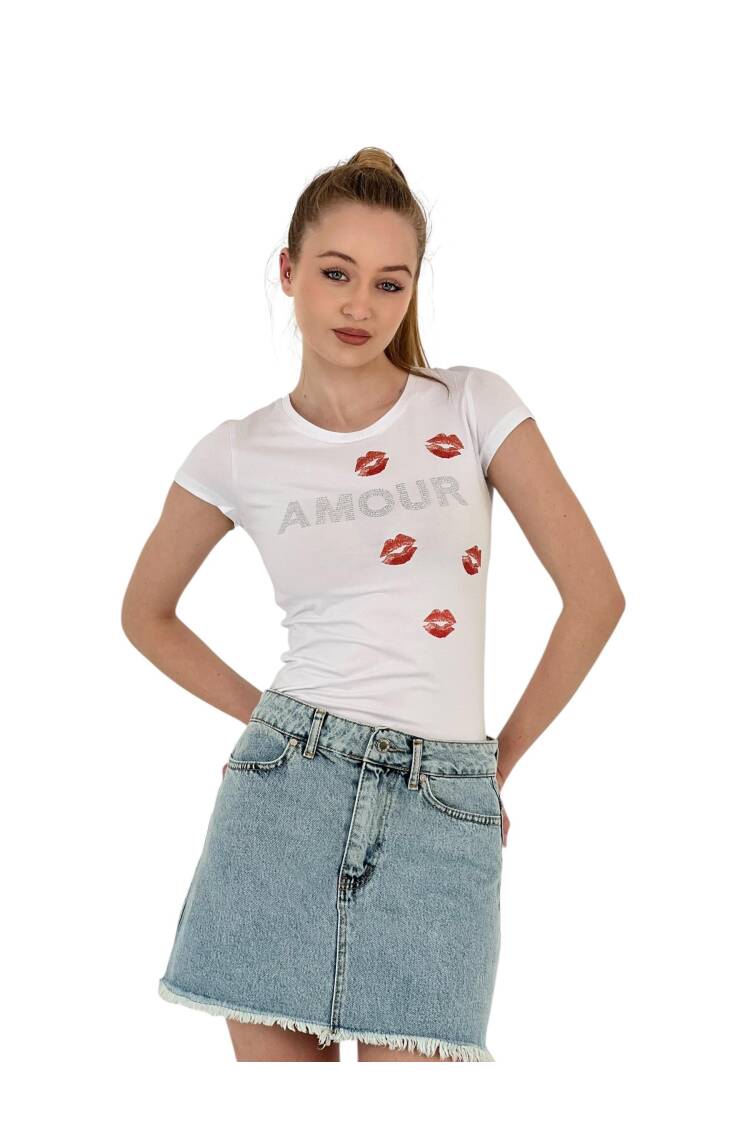 Short Sleeve SkinnyT-Shirt With Kissing Stones