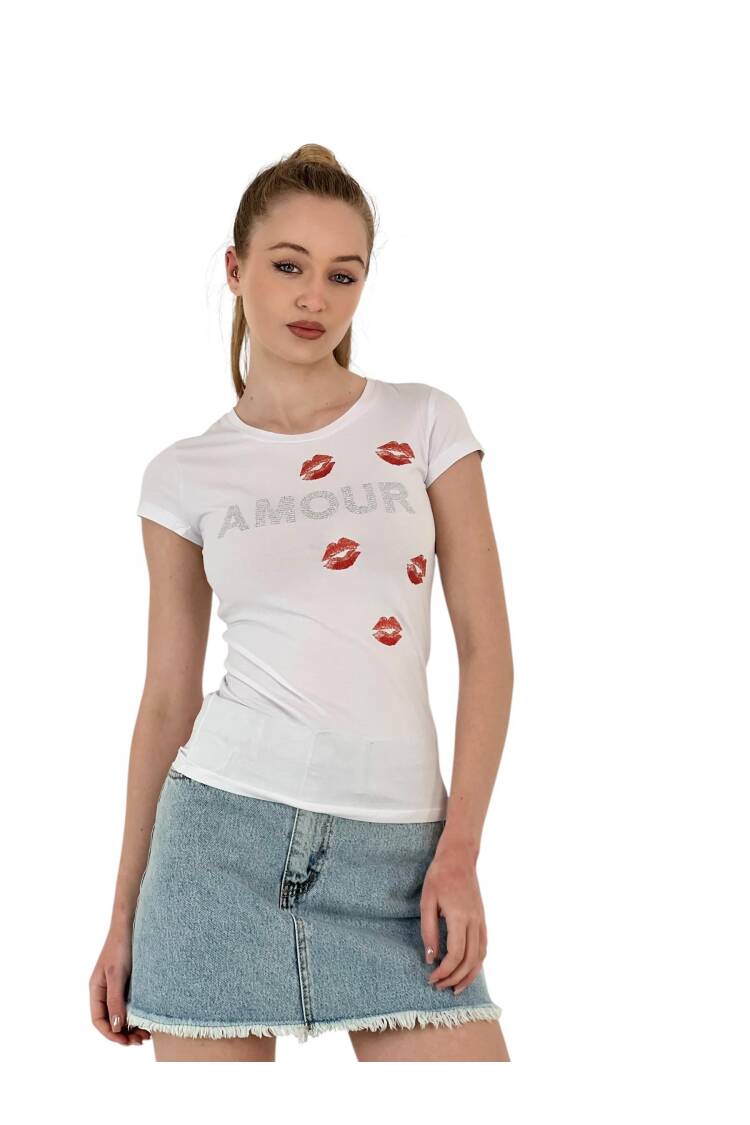 Short Sleeve SkinnyT-Shirt With Kissing Stones