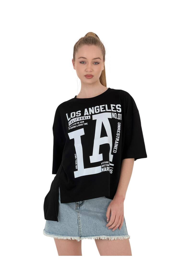 La Printed T-Shirt —& White - MISS POEM - Globality Store - Women Clothes Wholesale Turkey