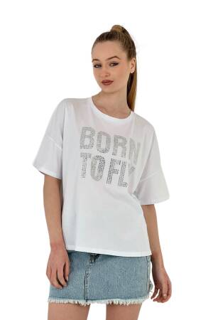 Born Printed Short Sleeve Summer White T-Shirt - MISS POEM - Globality Store - Women Clothes Wholesale Turkey