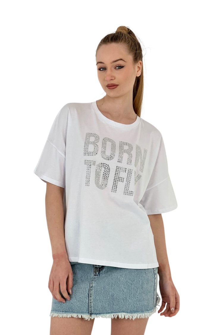 Born Printed Short Sleeve Summer White T-Shirt - MISS POEM - Globality Store - Women Clothes Wholesale Turkey