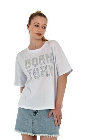 Born Printed Short Sleeve Summer White T-Shirt - MISS POEM - Globality Store - Women Clothes Wholesale Turkey
