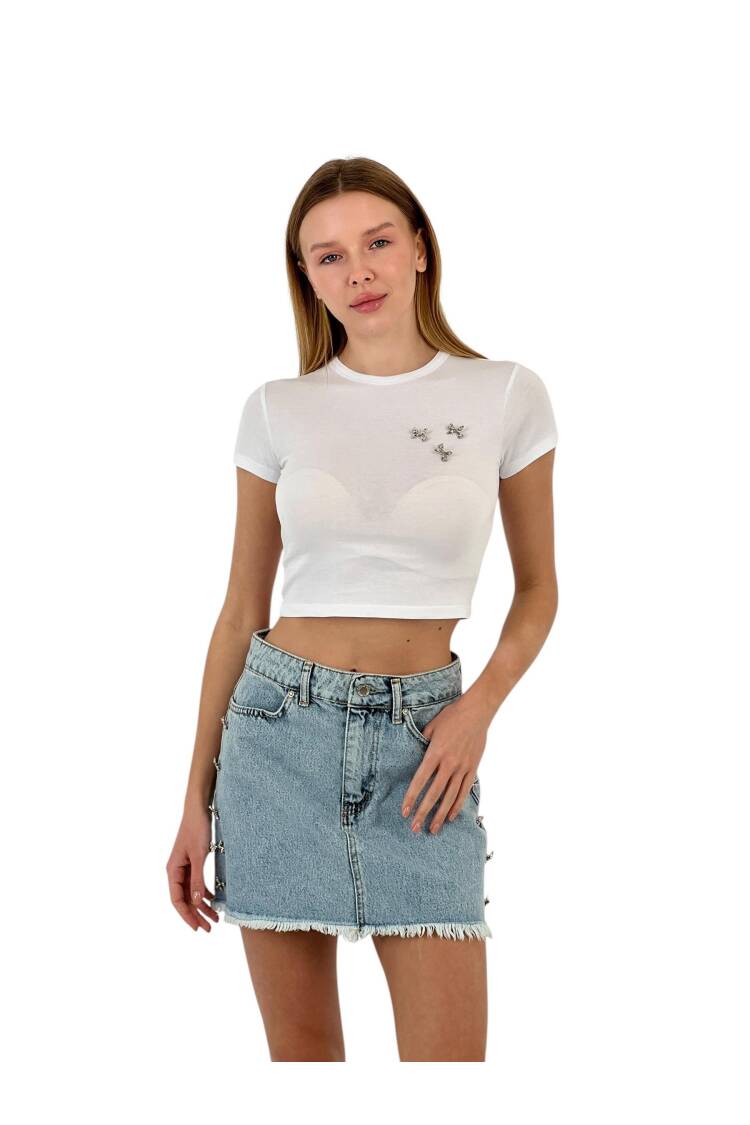Tshırt Bow Button With Accessory - MISS POEM - Globality Store - Women Clothes Wholesale Turkey