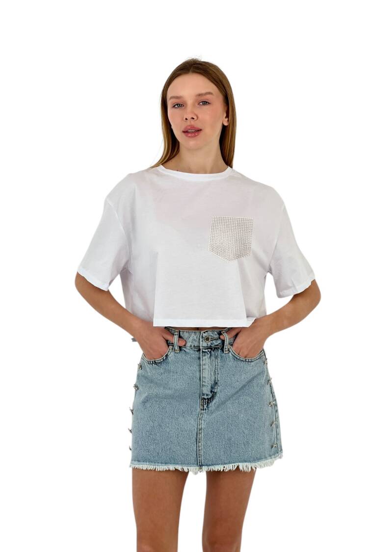 Stone Detailed Pocket Crop T-shirt - MISS POEM - Globality Store - Women Clothes Wholesale Turkey
