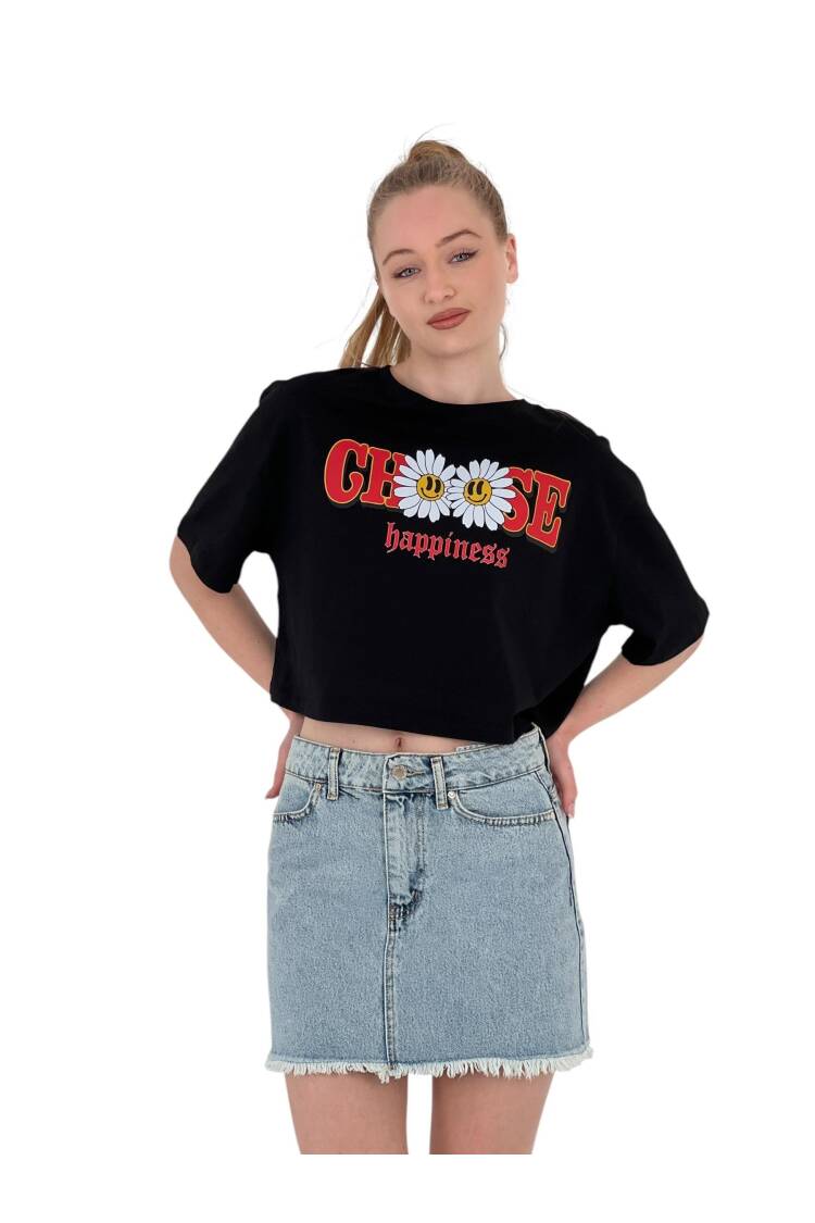 Oversize Floral Print Short White Crop T Shirt