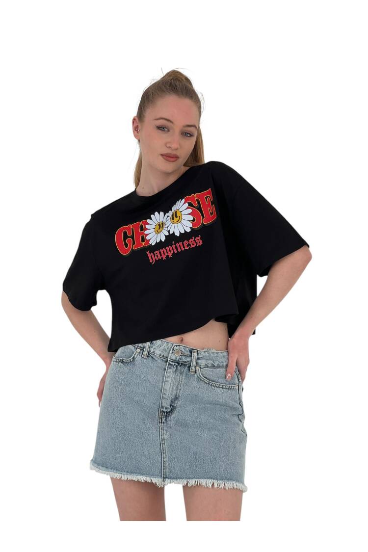 Oversize Floral Print Short White Crop T Shirt