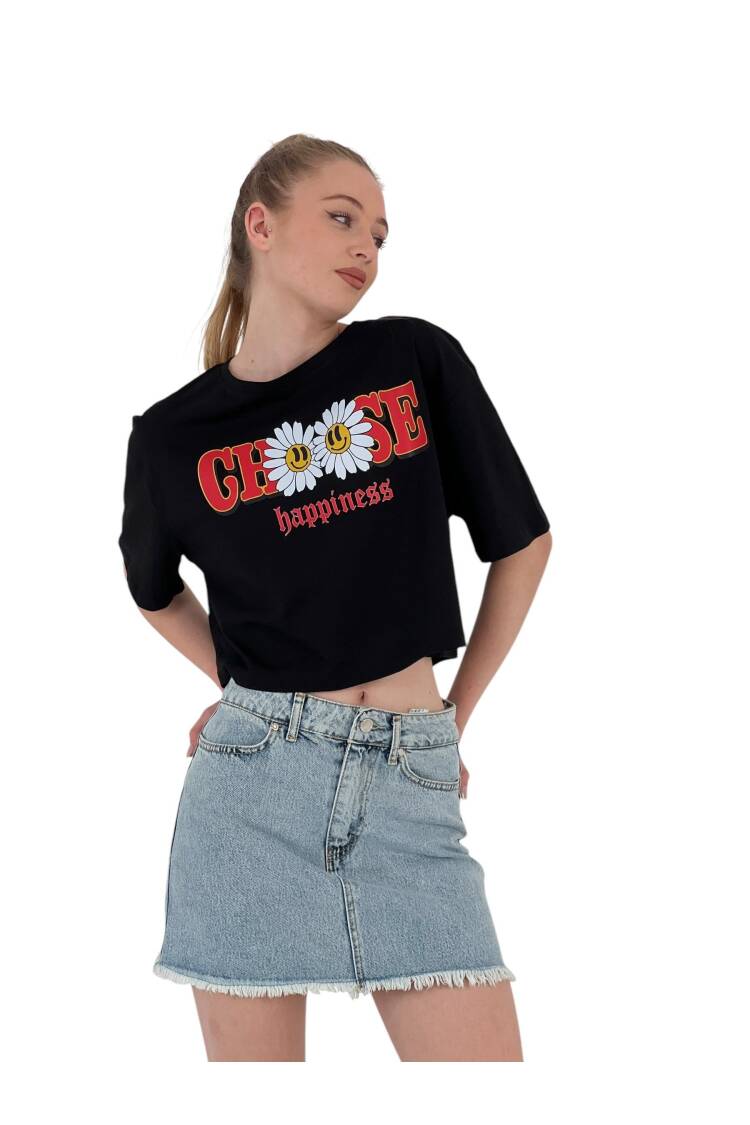 Oversize Floral Print Short White Crop T Shirt
