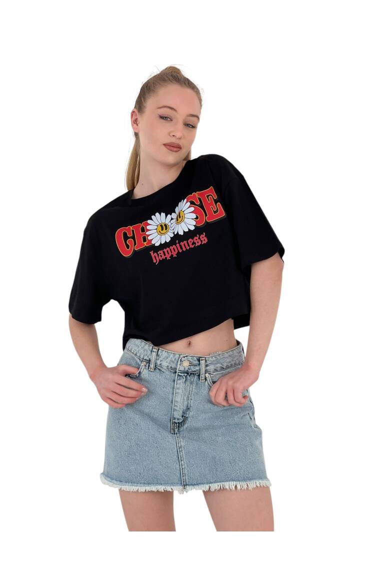 Oversize Floral Print Short White Crop T Shirt - MISS POEM - Globality Store - Women Clothes Wholesale Turkey