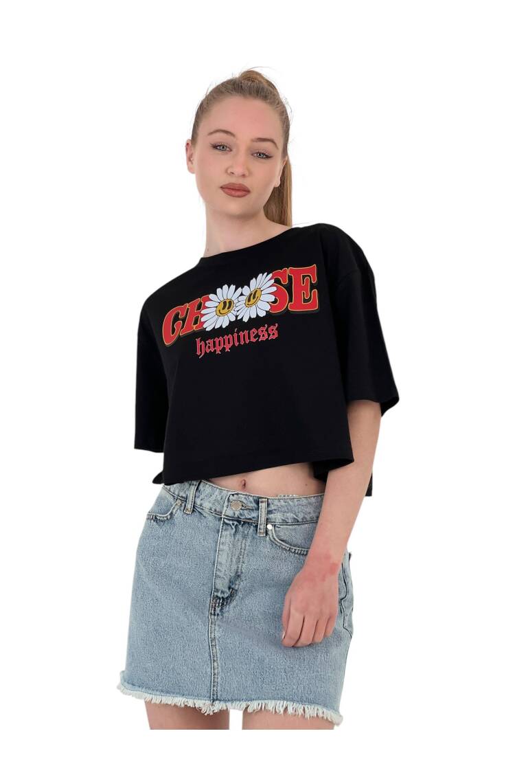 Oversize Floral Print Short White Crop T Shirt
