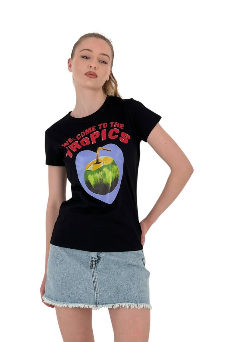 Walnut Printed T-Shirt —& White - MISS POEM - Globality Store - Women Clothes Wholesale Turkey