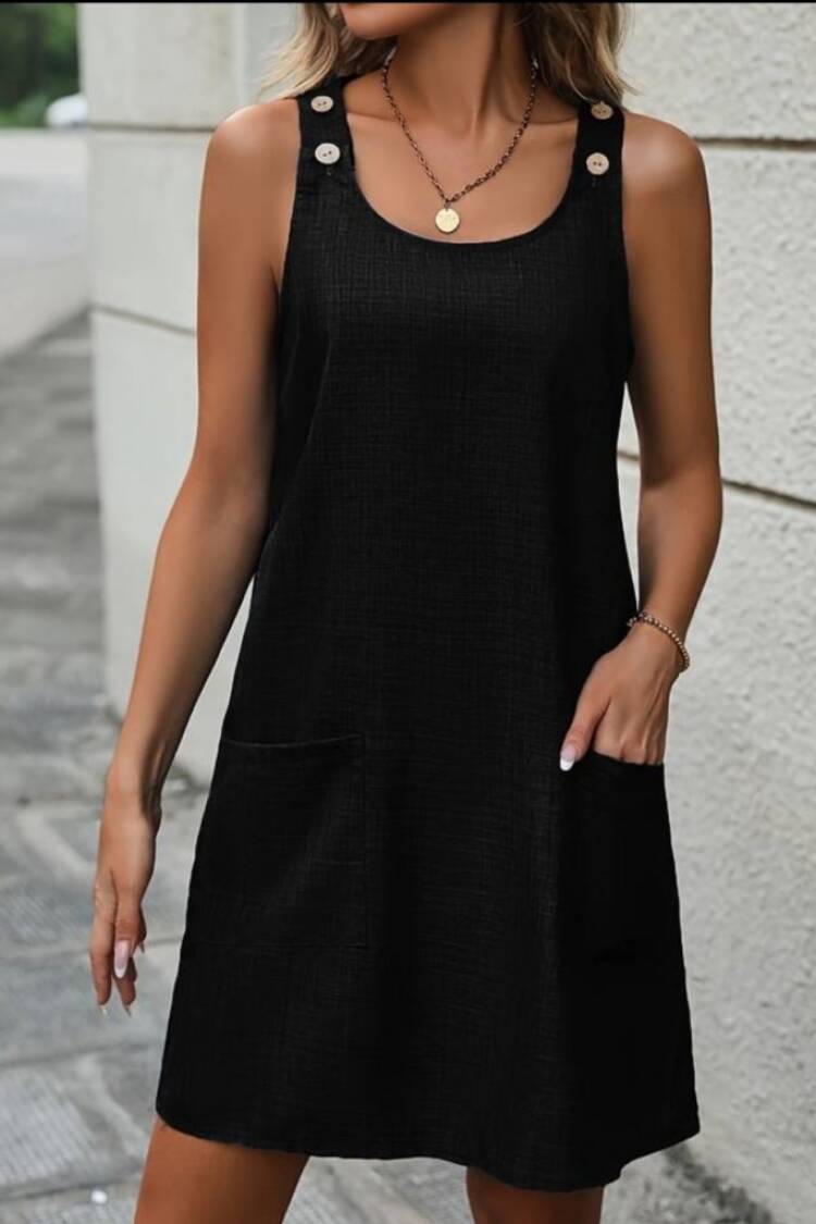 Women's Strappy Off Shoulder Buttoned Linen Dress With Round Neck Pockets - Janes - Globality Store - Women Clothes Wholesale Turkey