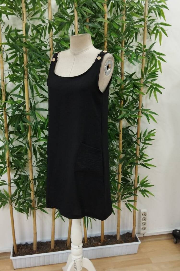 Women's Strappy Off Shoulder Buttoned Linen Dress With Round Neck Pockets