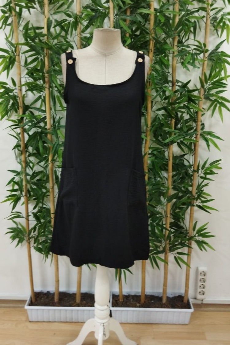 Women's Strappy Off Shoulder Buttoned Linen Dress With Round Neck Pockets