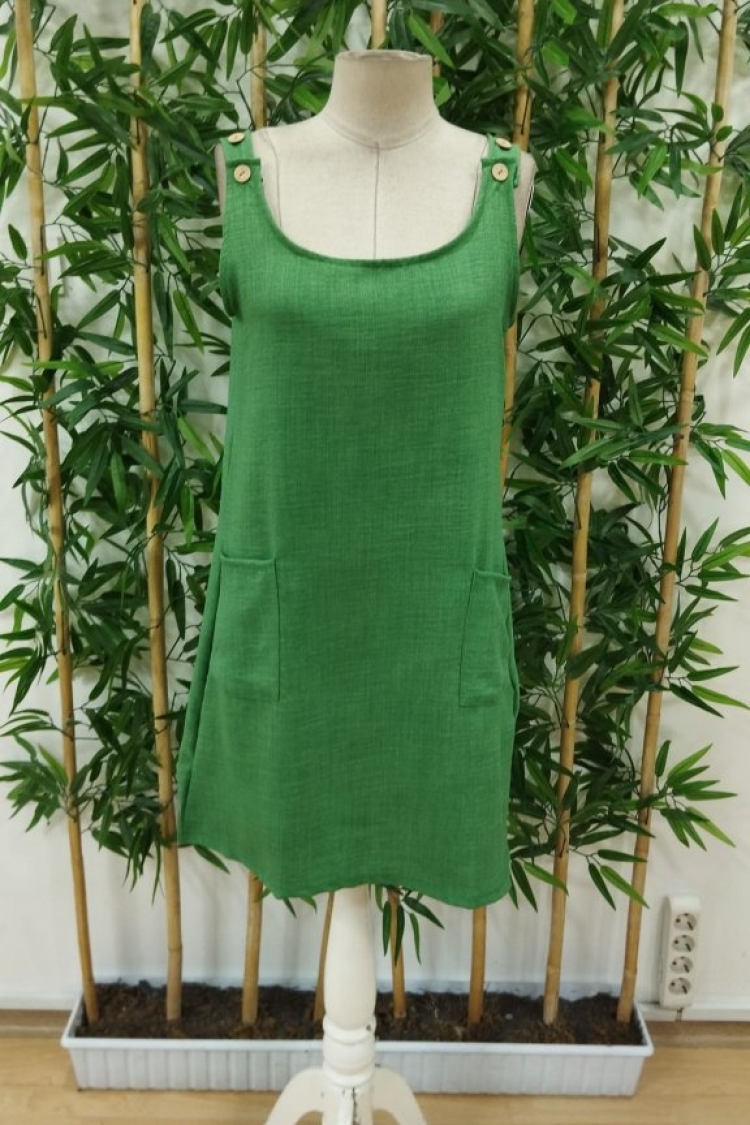 Women's Strappy Off Shoulder Buttoned Linen Dress With Round Neck Pockets