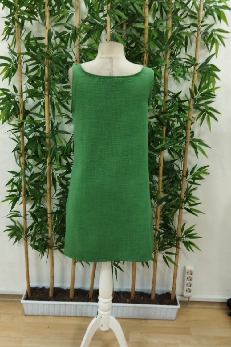 Women's Strappy Off Shoulder Buttoned Linen Dress With Round Neck Pockets