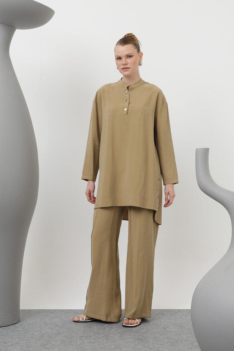 Judge Collar Patchwork Button Detailed Trouser Suit - Oil Green - Puane - Globality Store - Women Clothes Wholesale Turkey