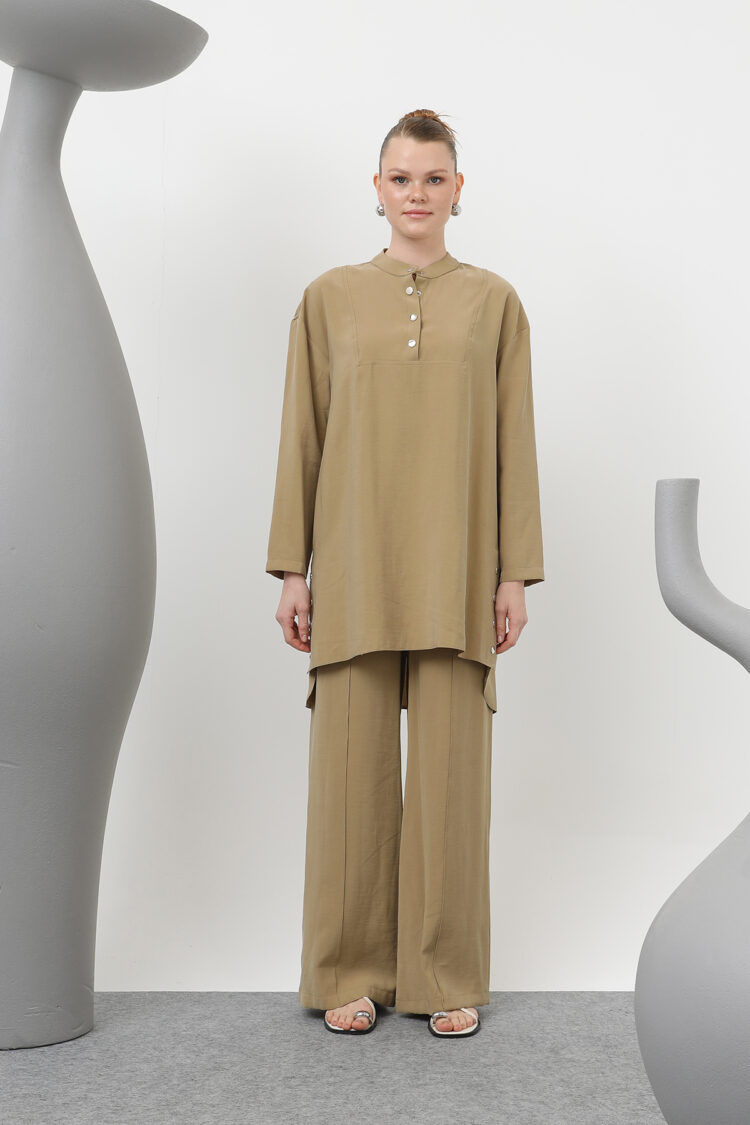 Judge Collar Patchwork Button Detailed Trouser Suit - Oil Green