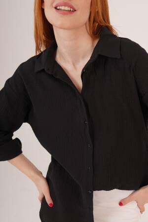 Linen Look Slippery Fold Sleeve WholesaleShirt - Lustrin - Globality Store - Women Clothes Wholesale Turkey