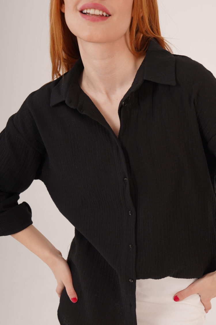 Linen Look Slippery Fold Sleeve WholesaleShirt