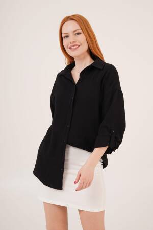 Linen Look Slippery Fold Sleeve WholesaleShirt - Lustrin - Globality Store - Women Clothes Wholesale Turkey