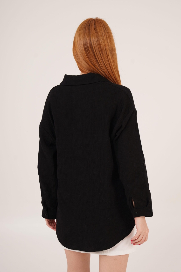 Linen Look Slippery Fold Sleeve WholesaleShirt