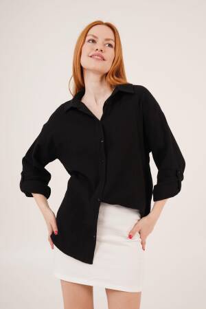 Linen Look Slippery Fold Sleeve WholesaleShirt - Lustrin - Globality Store - Women Clothes Wholesale Turkey