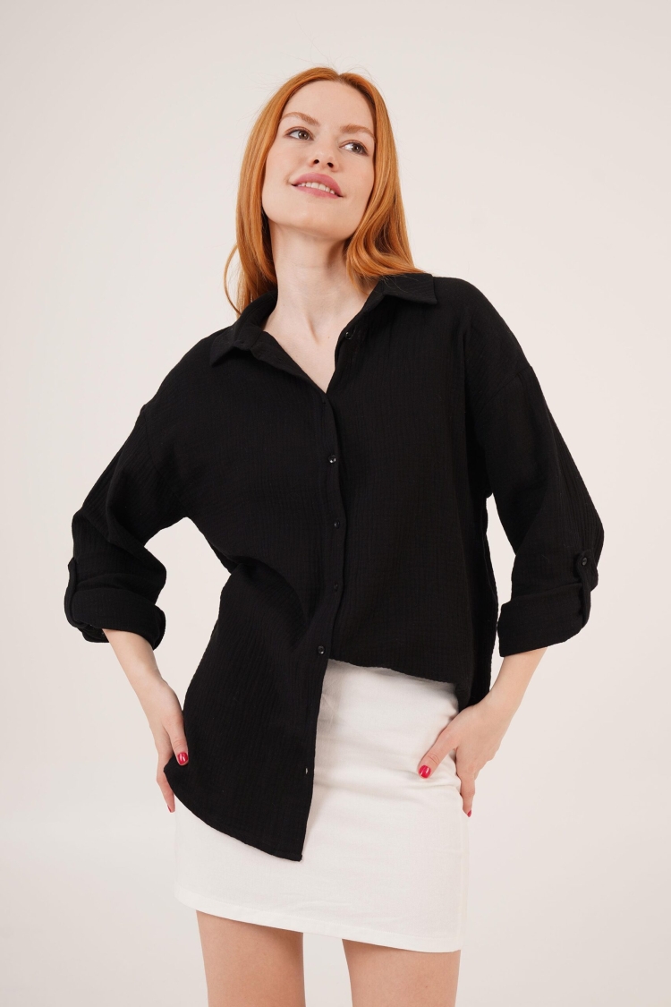 Linen Look Slippery Fold Sleeve WholesaleShirt - Lustrin - Globality Store - Women Clothes Wholesale Turkey