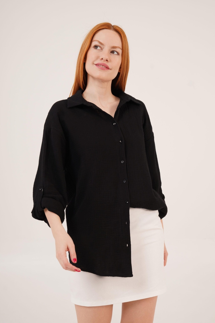 Linen Look Slippery Fold Sleeve WholesaleShirt
