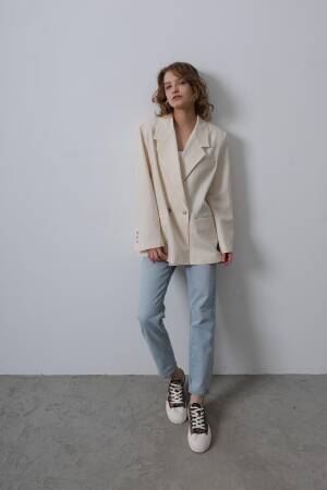 Oversize Blazer Jacket - Stone - Reyon - Globality Store - Women Clothes Wholesale Turkey
