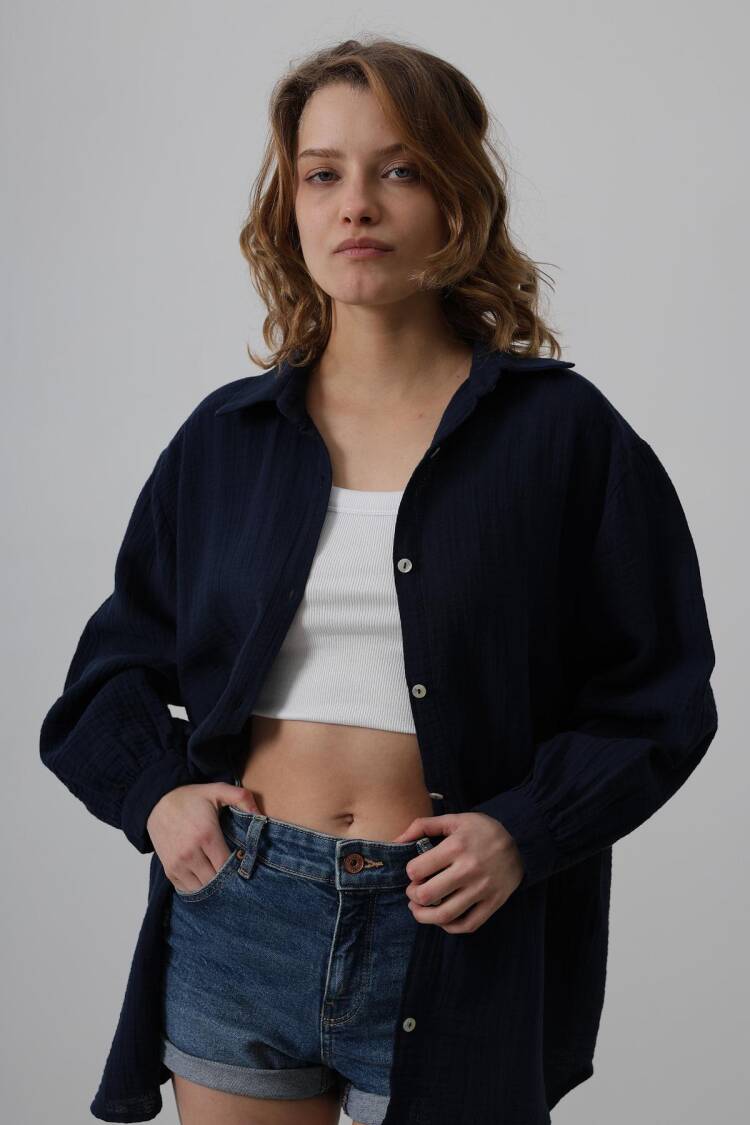 Shirt - Navy - Reyon - Globality Store - Women Clothes Wholesale Turkey