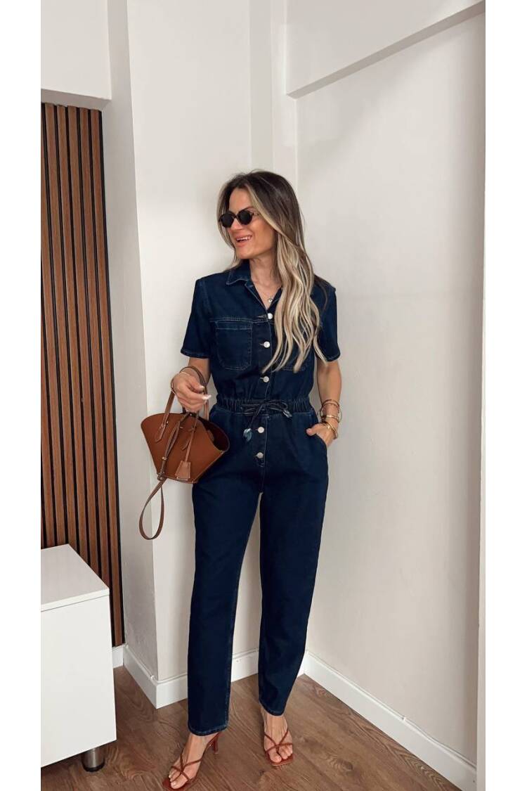 Denim Jumpsuit With Elastic Waist - Brand: Fiori - Women's Clothing Wholesale - Globality Store