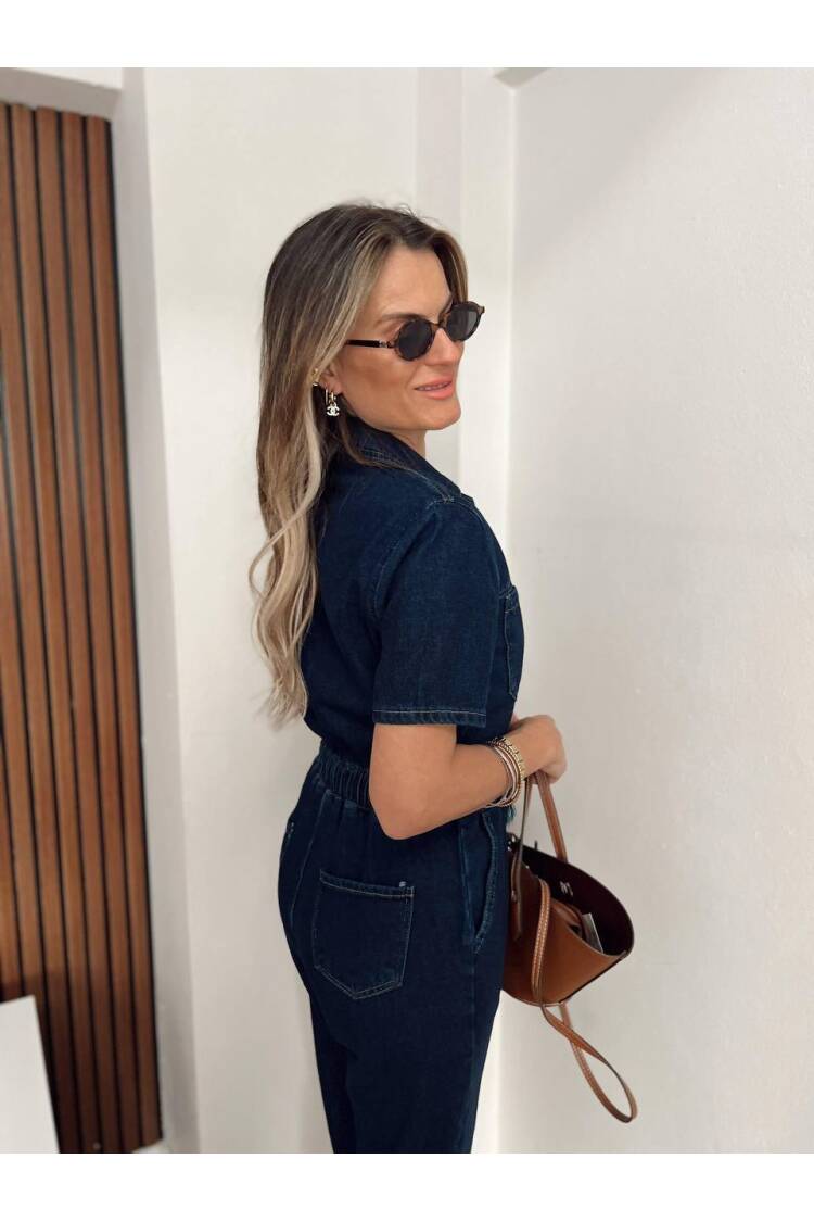 Denim Jumpsuit With Elastic Waist