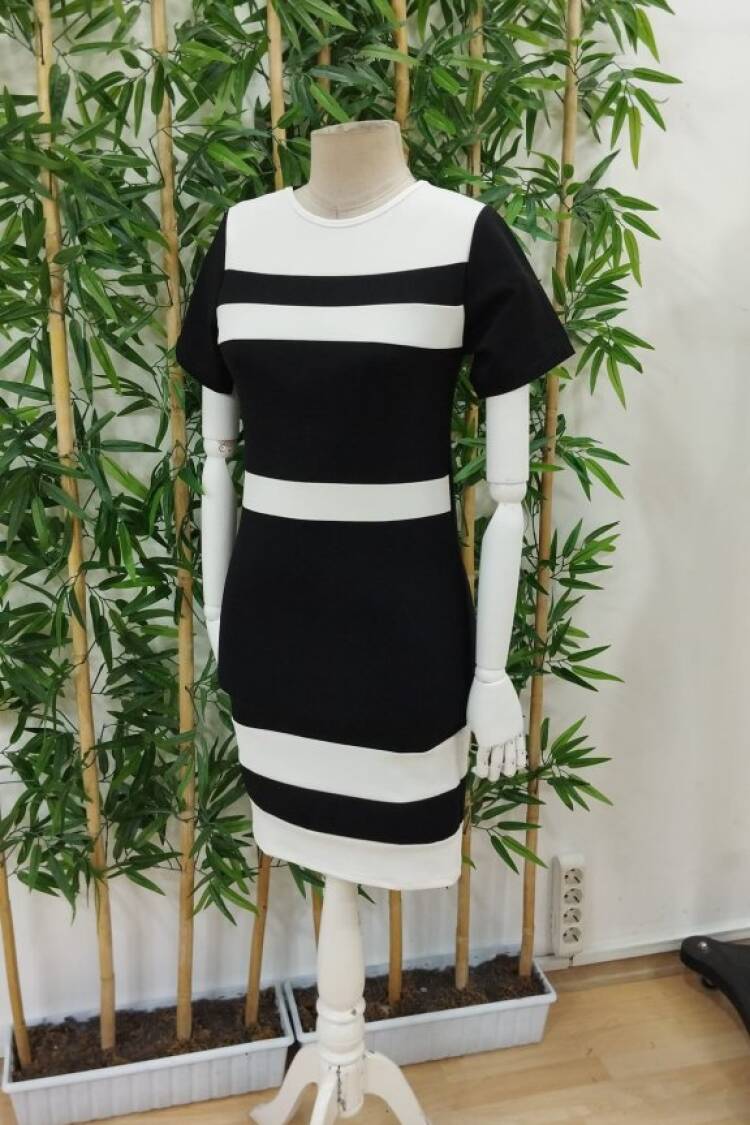 Women's Short Sleeve Crew Neck Double Color Imported Crepe Dress - Black