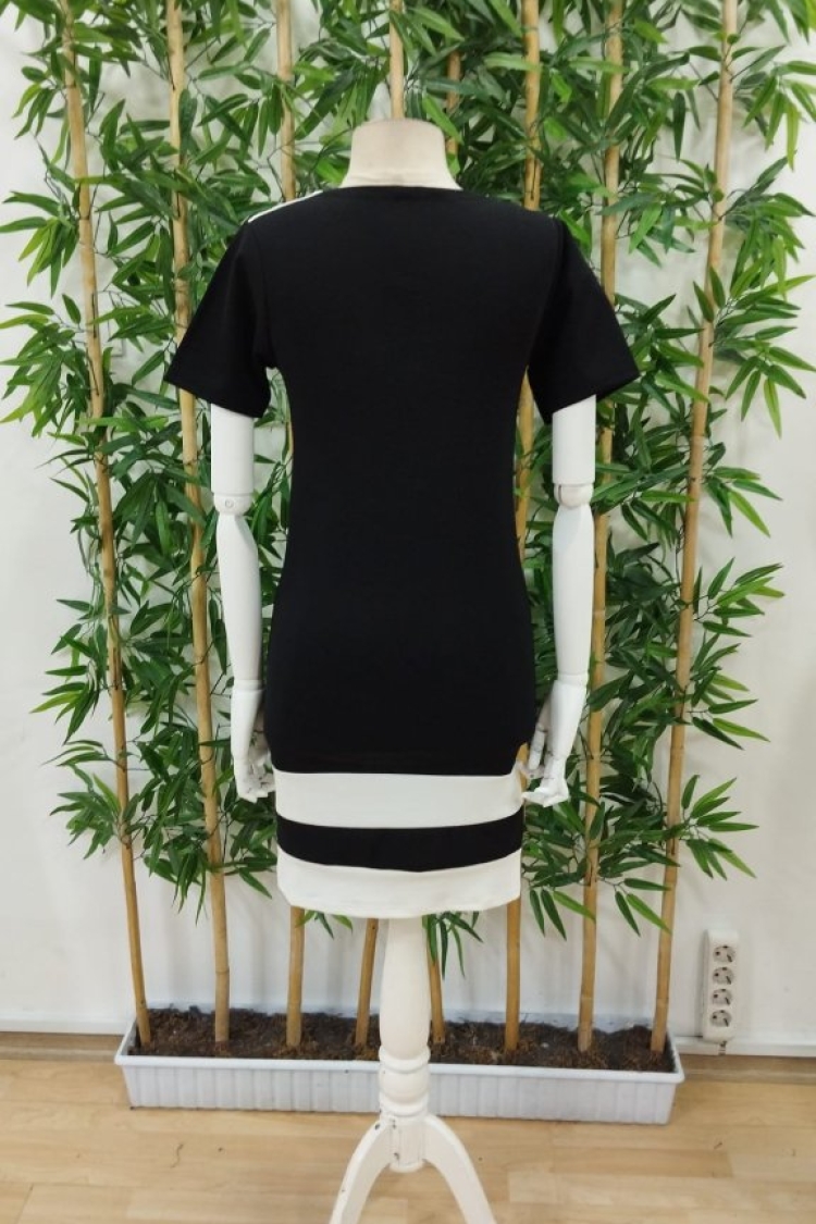 Women's Short Sleeve Crew Neck Double Color Imported Crepe Dress - Black