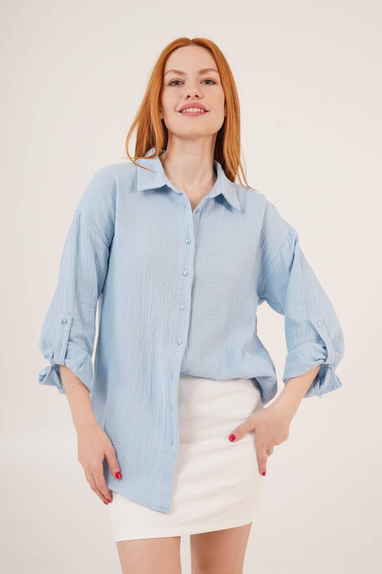 Linen Look Dull Folding Sleeve Wholesale BabyShirt - Lustrin - Globality Store - Women Clothes Wholesale Turkey