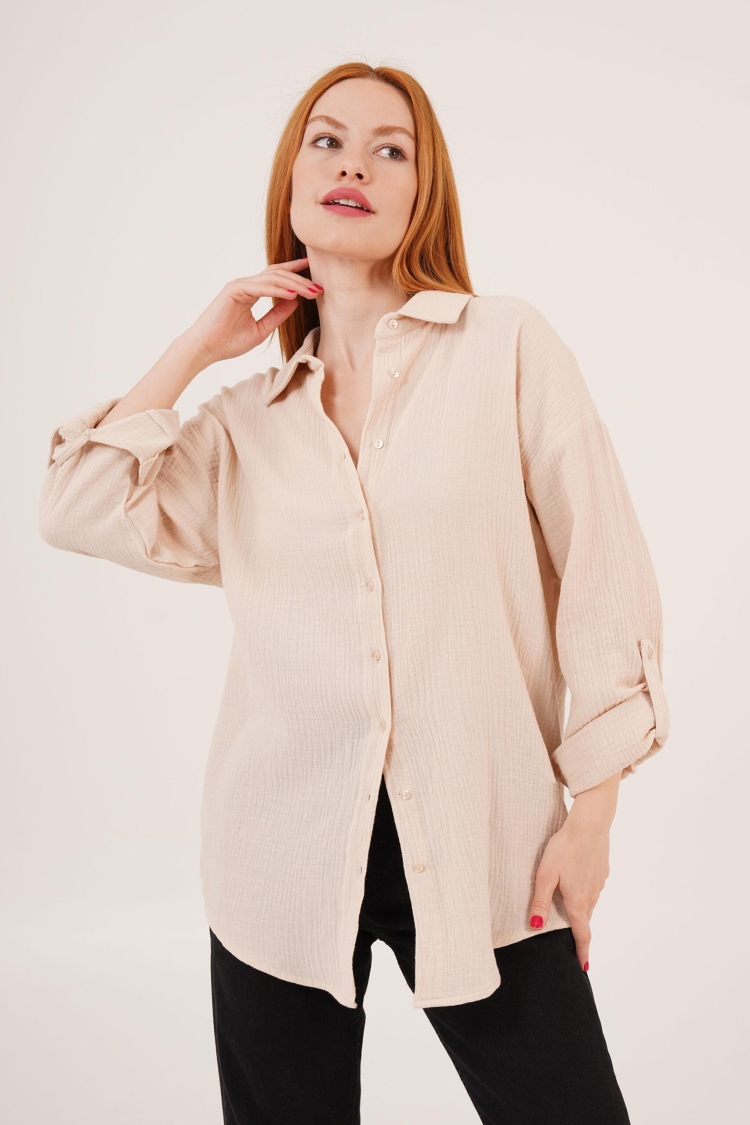 Linen Look Slippery Fold Sleeve WholesaleShirt - Lustrin - Globality Store - Women Clothes Wholesale Turkey