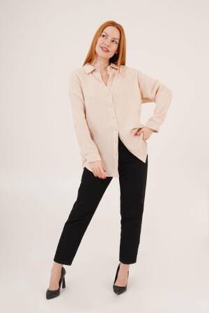 Linen Look Slippery Fold Sleeve WholesaleShirt - Lustrin - Globality Store - Women Clothes Wholesale Turkey